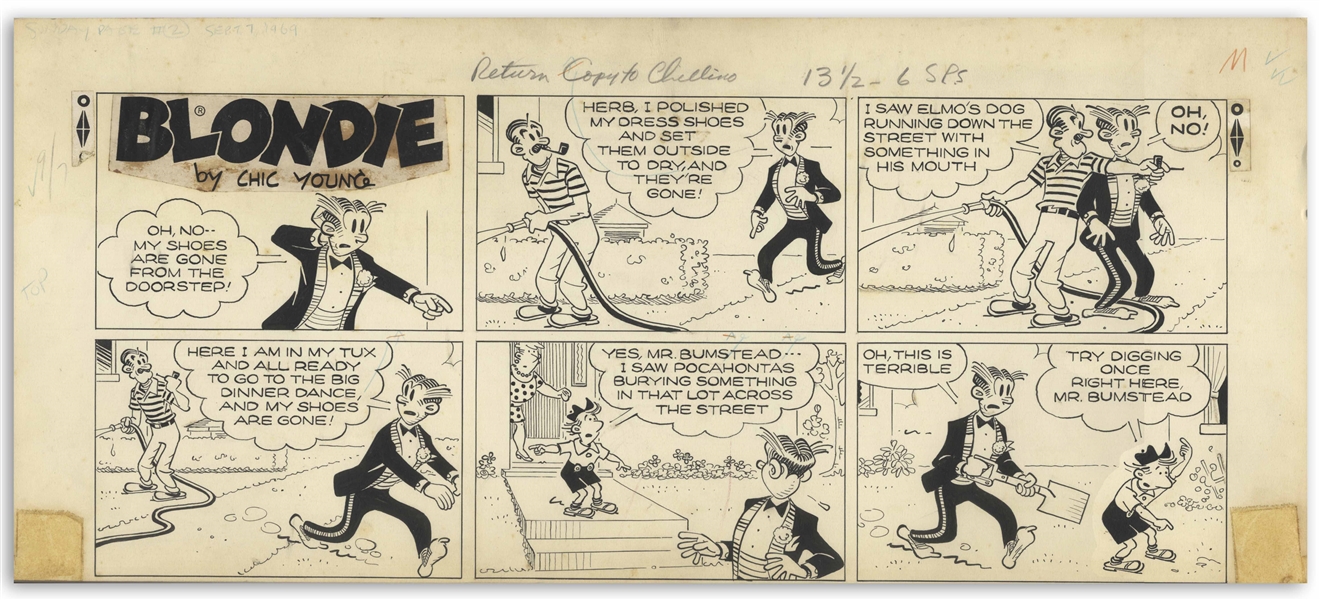 Chic Young Hand-Drawn ''Blondie'' Sunday Comic Strip From 1969 -- With Young's Original Draft Artwork & Description of the Action in Each Panel